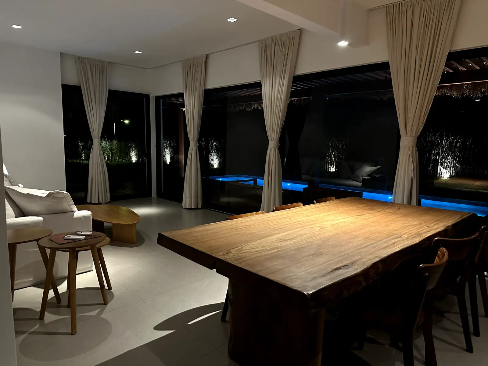 Living and dining area with a solid wood table
